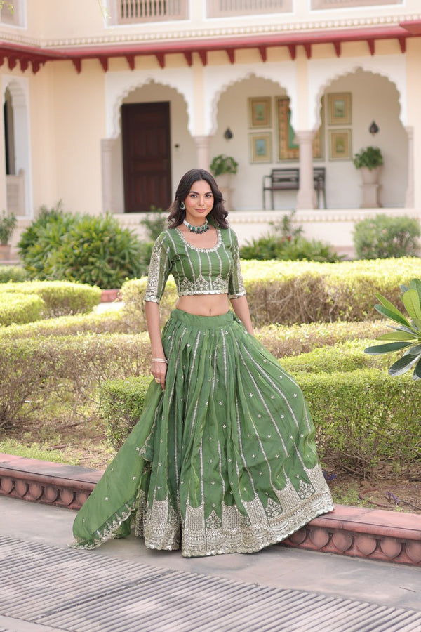 Green Designer Gold Crush Sequins & Zari Embroidered Lehenga Choli Set with 3-Meter Flair & Lace Border Dupatta – Semi-Stitched Festive & Wedding Wear ClothsVilla
