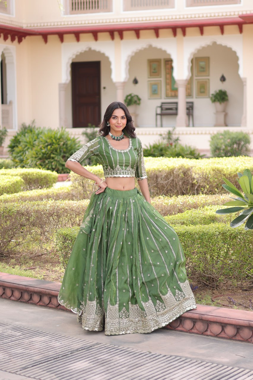 Green Designer Gold Crush Sequins & Zari Embroidered Lehenga Choli Set with 3-Meter Flair & Lace Border Dupatta – Semi-Stitched Festive & Wedding Wear ClothsVilla