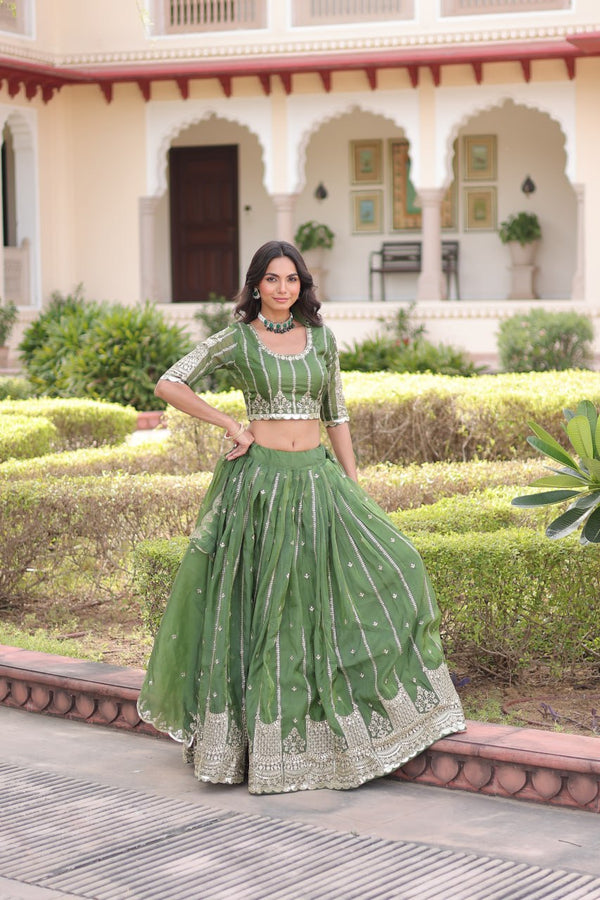 Green Designer Gold Crush Sequins & Zari Embroidered Lehenga Choli Set with 3-Meter Flair & Lace Border Dupatta – Semi-Stitched Festive & Wedding Wear ClothsVilla