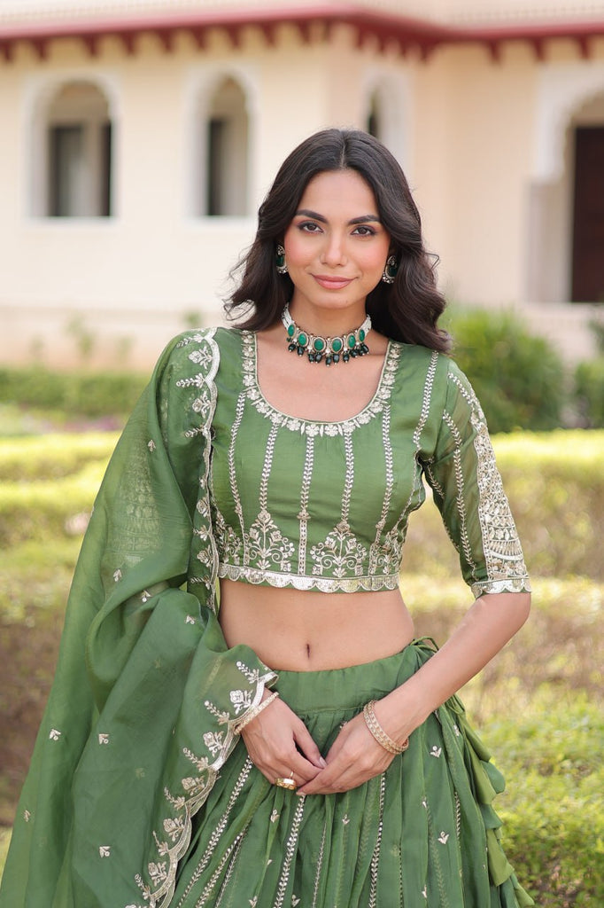 Green Designer Gold Crush Sequins & Zari Embroidered Lehenga Choli Set with 3-Meter Flair & Lace Border Dupatta – Semi-Stitched Festive & Wedding Wear ClothsVilla