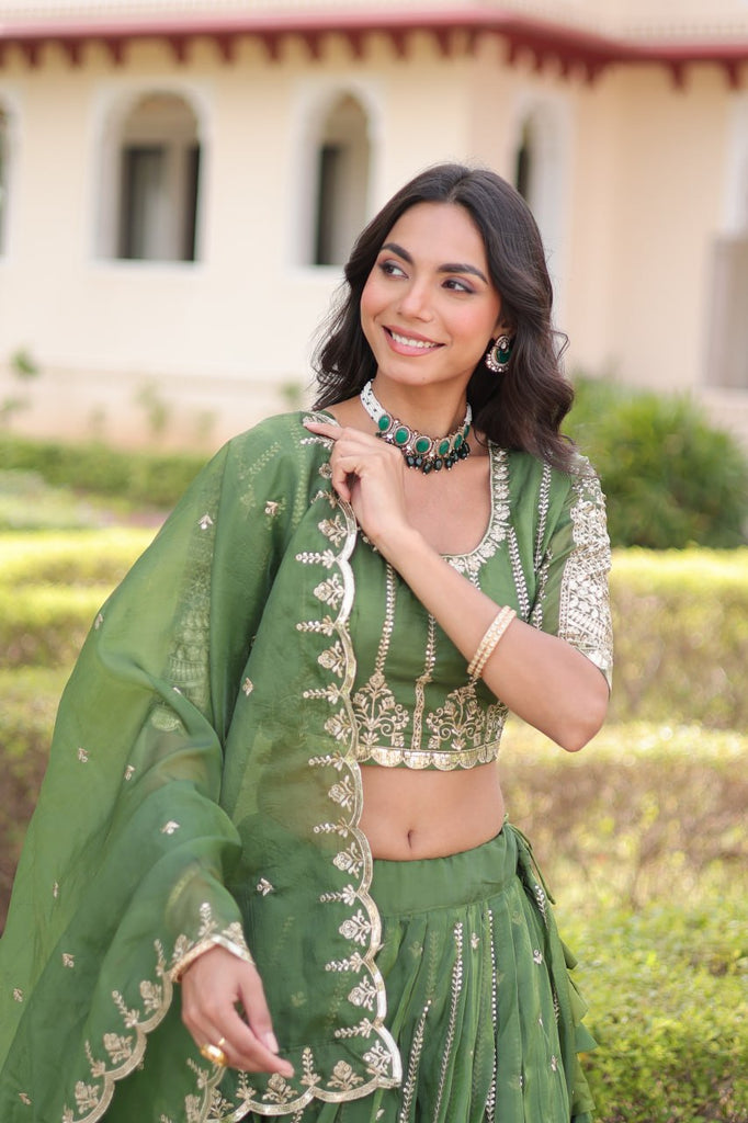 Green Designer Gold Crush Sequins & Zari Embroidered Lehenga Choli Set with 3-Meter Flair & Lace Border Dupatta – Semi-Stitched Festive & Wedding Wear ClothsVilla