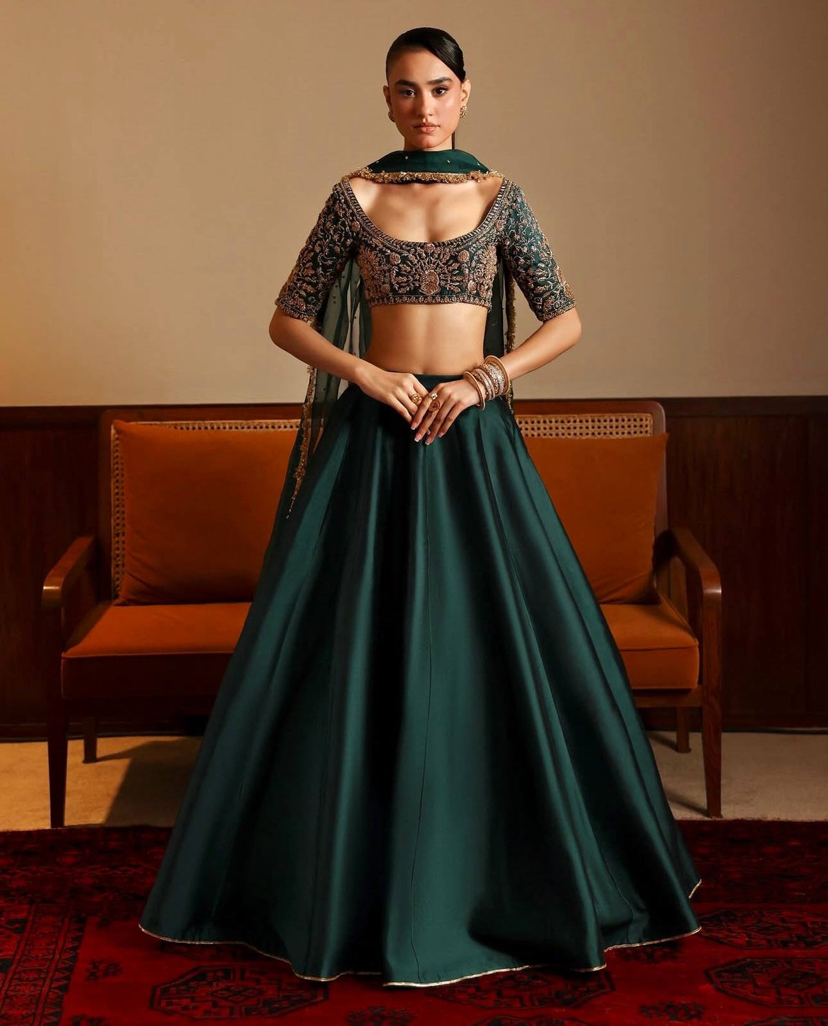 Green Designer Malai Satin Lehenga Choli Set with 4.5 Meter Flair, Sequins Zari Blouse & Net Stone-Work Dupatta – Elegant Wedding & Party Wear Clothsvilla Main image