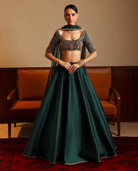 Green Designer Malai Satin Lehenga Choli Set with 4.5 Meter Flair, Sequins Zari Blouse & Net Stone-Work Dupatta – Elegant Wedding & Party Wear Clothsvilla Main image