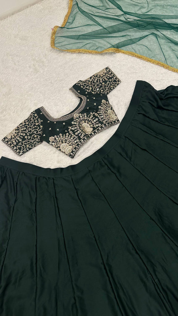 Green Designer Malai Satin Lehenga Choli Set with 4.5 Meter Flair, Sequins Zari Blouse & Net Stone-Work Dupatta – Elegant Wedding & Party Wear Clothsvilla