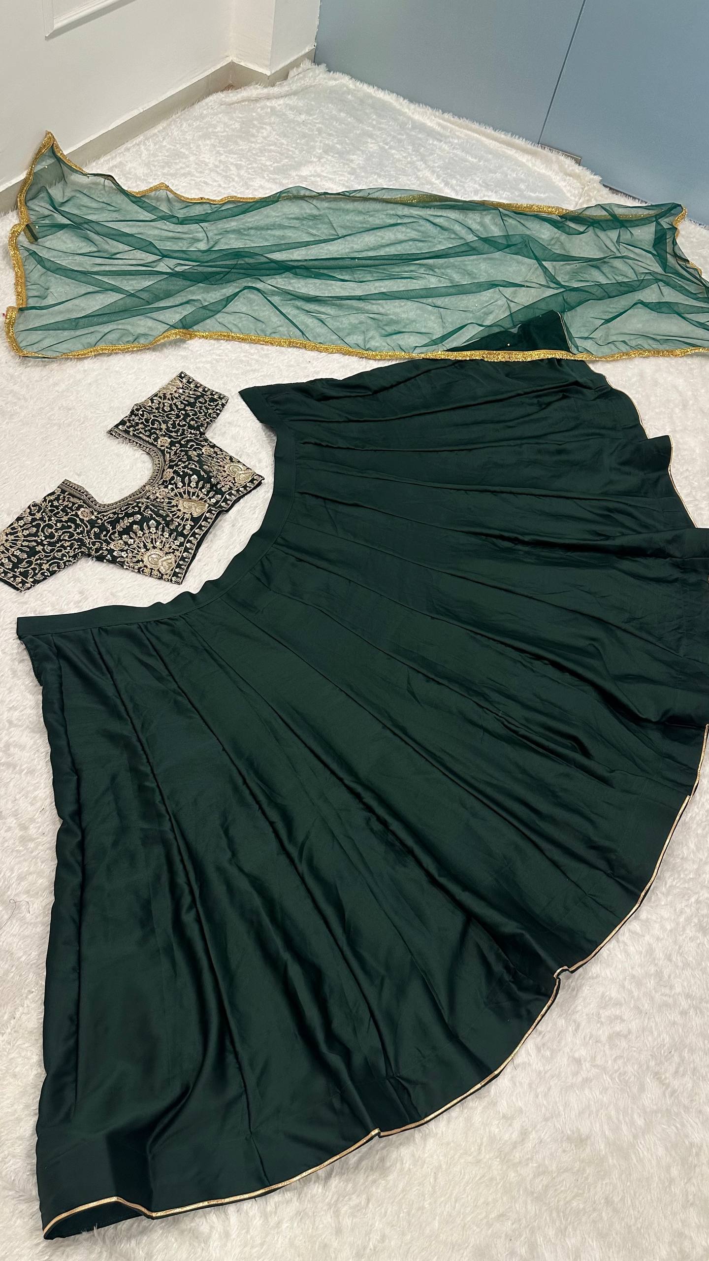 Green Designer Malai Satin Lehenga Choli Set with 4.5 Meter Flair, Sequins Zari Blouse & Net Stone-Work Dupatta – Elegant Wedding & Party Wear Clothsvilla