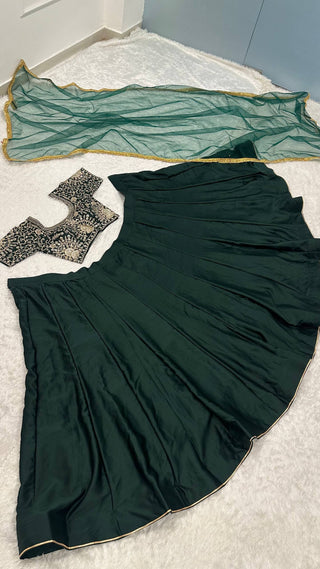 Green Designer Malai Satin Lehenga Choli Set with 4.5 Meter Flair, Sequins Zari Blouse & Net Stone-Work Dupatta – Elegant Wedding & Party Wear Clothsvilla