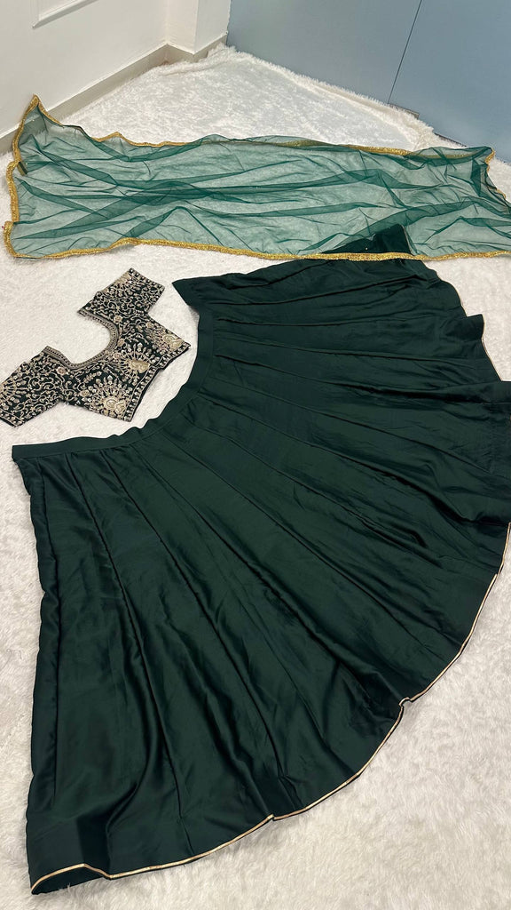 Green Designer Malai Satin Lehenga Choli Set with 4.5 Meter Flair, Sequins Zari Blouse & Net Stone-Work Dupatta – Elegant Wedding & Party Wear Clothsvilla