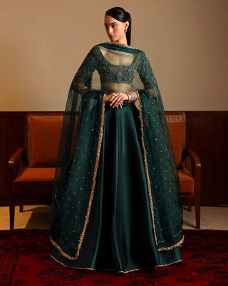 Green Designer Malai Satin Lehenga Choli Set with 4.5 Meter Flair, Sequins Zari Blouse & Net Stone-Work Dupatta – Elegant Wedding & Party Wear Clothsvilla
