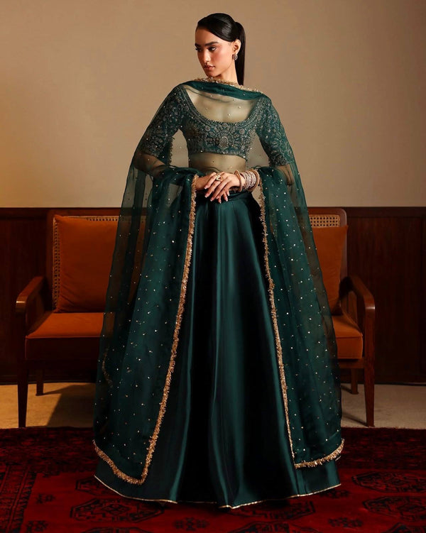 Green Designer Malai Satin Lehenga Choli Set with 4.5 Meter Flair, Sequins Zari Blouse & Net Stone-Work Dupatta – Elegant Wedding & Party Wear Clothsvilla