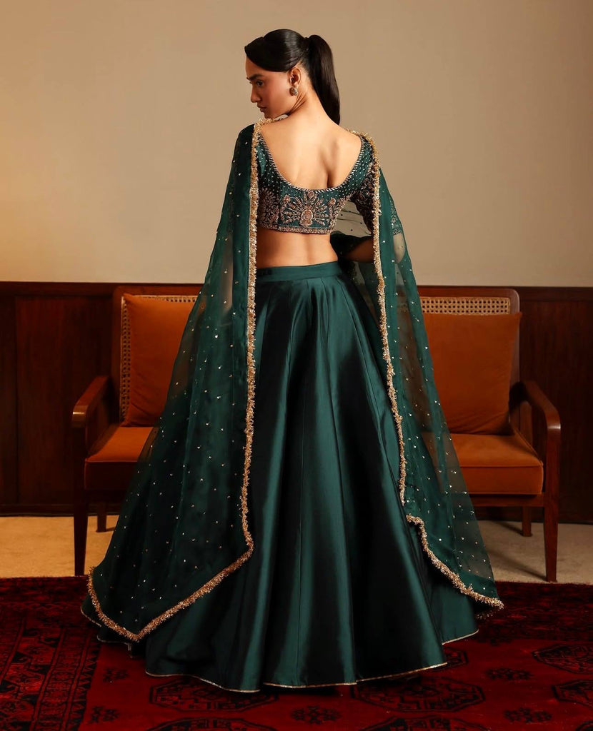 Green Designer Malai Satin Lehenga Choli Set with 4.5 Meter Flair, Sequins Zari Blouse & Net Stone-Work Dupatta – Elegant Wedding & Party Wear Clothsvilla