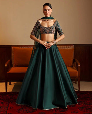 Green Designer Malai Satin Lehenga Choli Set with 4.5 Meter Flair, Sequins Zari Blouse & Net Stone-Work Dupatta – Elegant Wedding & Party Wear Clothsvilla