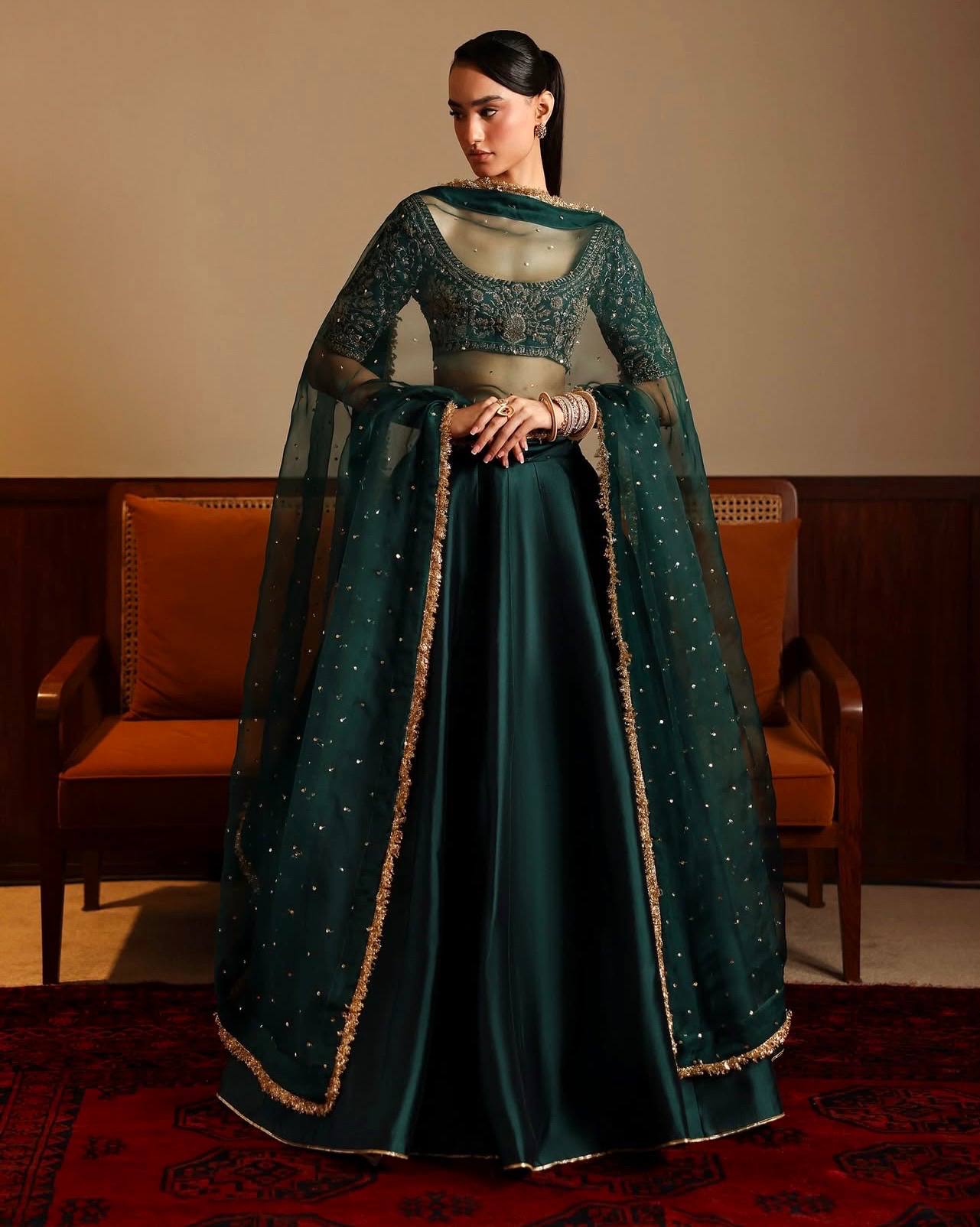Green Designer Malai Satin Lehenga Choli Set with 4.5 Meter Flair, Sequins Zari Blouse & Net Stone-Work Dupatta – Elegant Wedding & Party Wear Clothsvilla