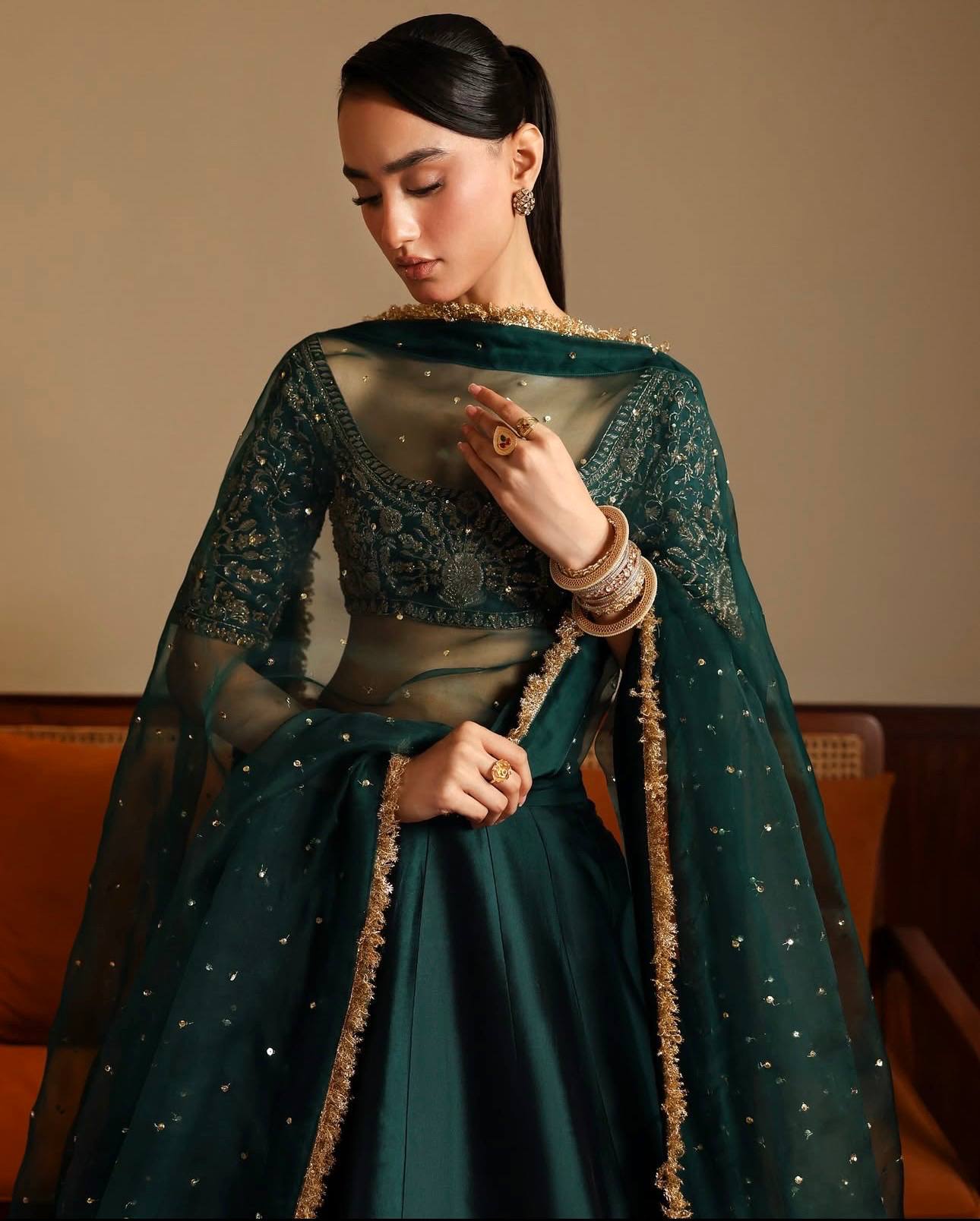 Green Designer Malai Satin Lehenga Choli Set with 4.5 Meter Flair, Sequins Zari Blouse & Net Stone-Work Dupatta – Elegant Wedding & Party Wear Clothsvilla