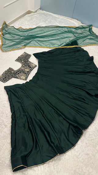 Green Designer Malai Satin Lehenga Choli Set with 4.5 Meter Flair, Sequins Zari Blouse & Net Stone-Work Dupatta – Elegant Wedding & Party Wear Clothsvilla