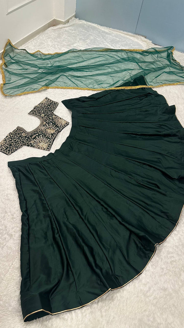 Green Designer Malai Satin Lehenga Choli Set with 4.5 Meter Flair, Sequins Zari Blouse & Net Stone-Work Dupatta – Elegant Wedding & Party Wear Clothsvilla