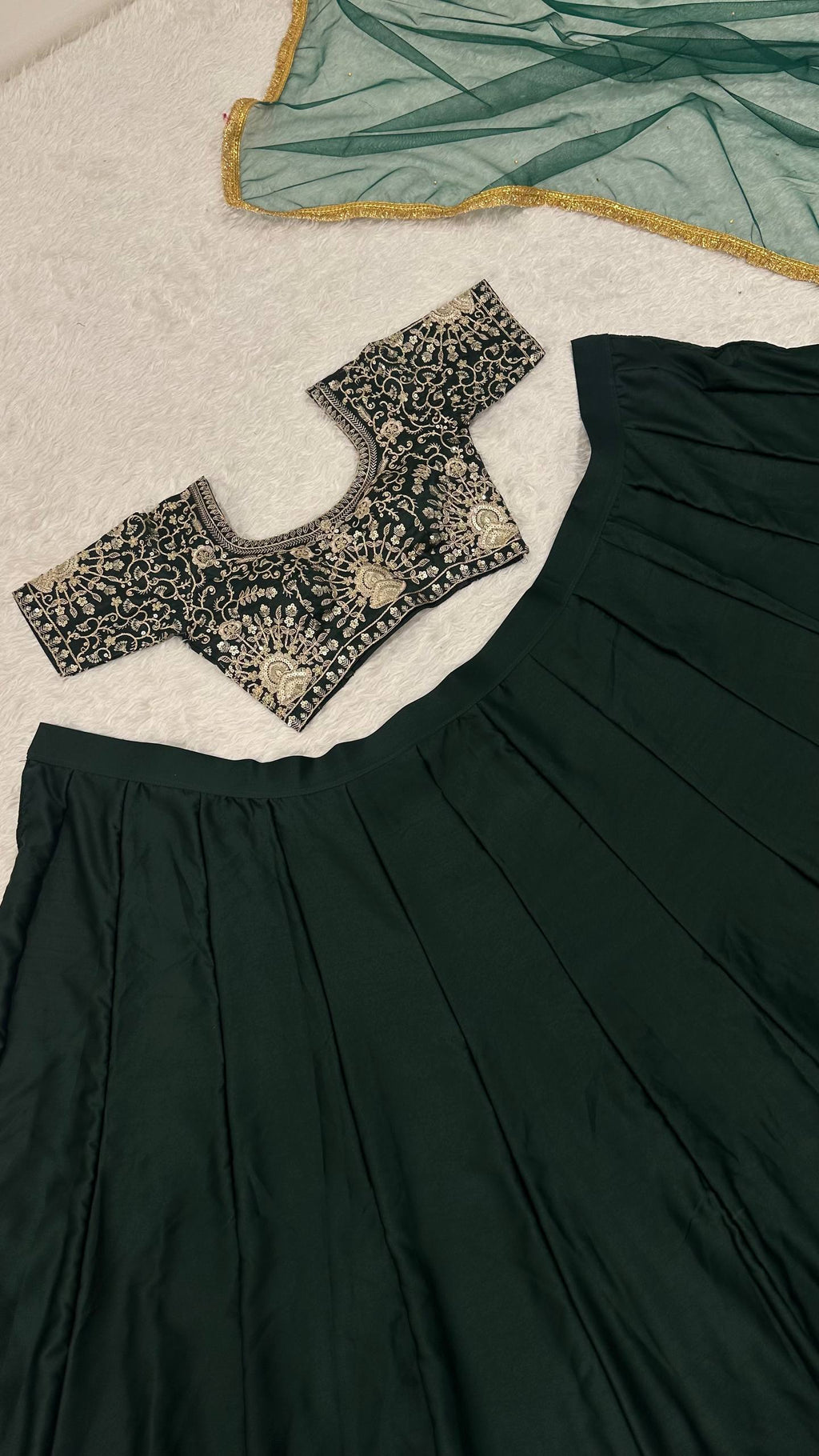 Green Designer Malai Satin Lehenga Choli Set with 4.5 Meter Flair, Sequins Zari Blouse & Net Stone-Work Dupatta – Elegant Wedding & Party Wear Clothsvilla