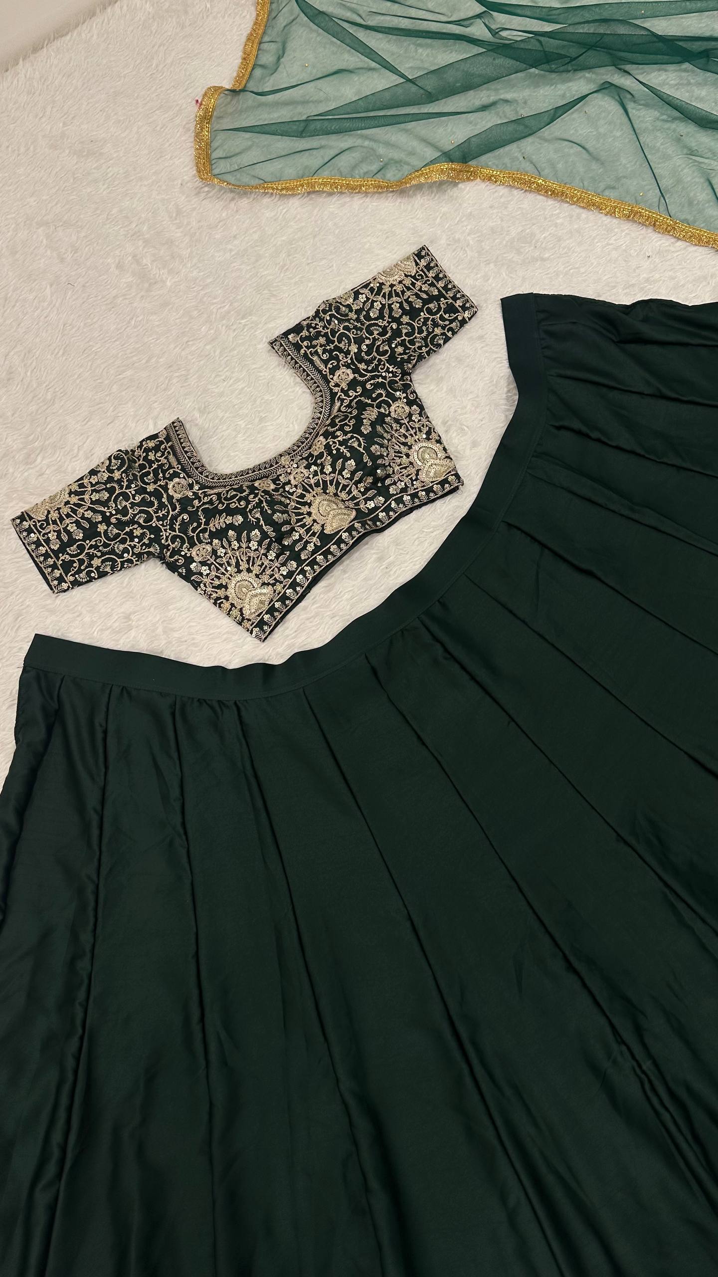 Green Designer Malai Satin Lehenga Choli Set with 4.5 Meter Flair, Sequins Zari Blouse & Net Stone-Work Dupatta – Elegant Wedding & Party Wear Clothsvilla