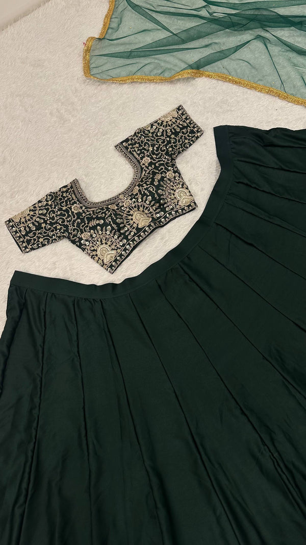 Green Designer Malai Satin Lehenga Choli Set with 4.5 Meter Flair, Sequins Zari Blouse & Net Stone-Work Dupatta – Elegant Wedding & Party Wear Clothsvilla