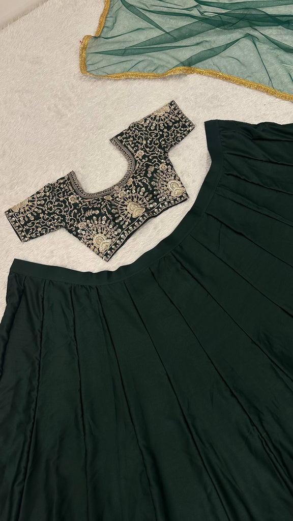 Green Designer Malai Satin Lehenga Choli Set with 4.5 Meter Flair, Sequins Zari Blouse & Net Stone-Work Dupatta – Elegant Wedding & Party Wear Clothsvilla