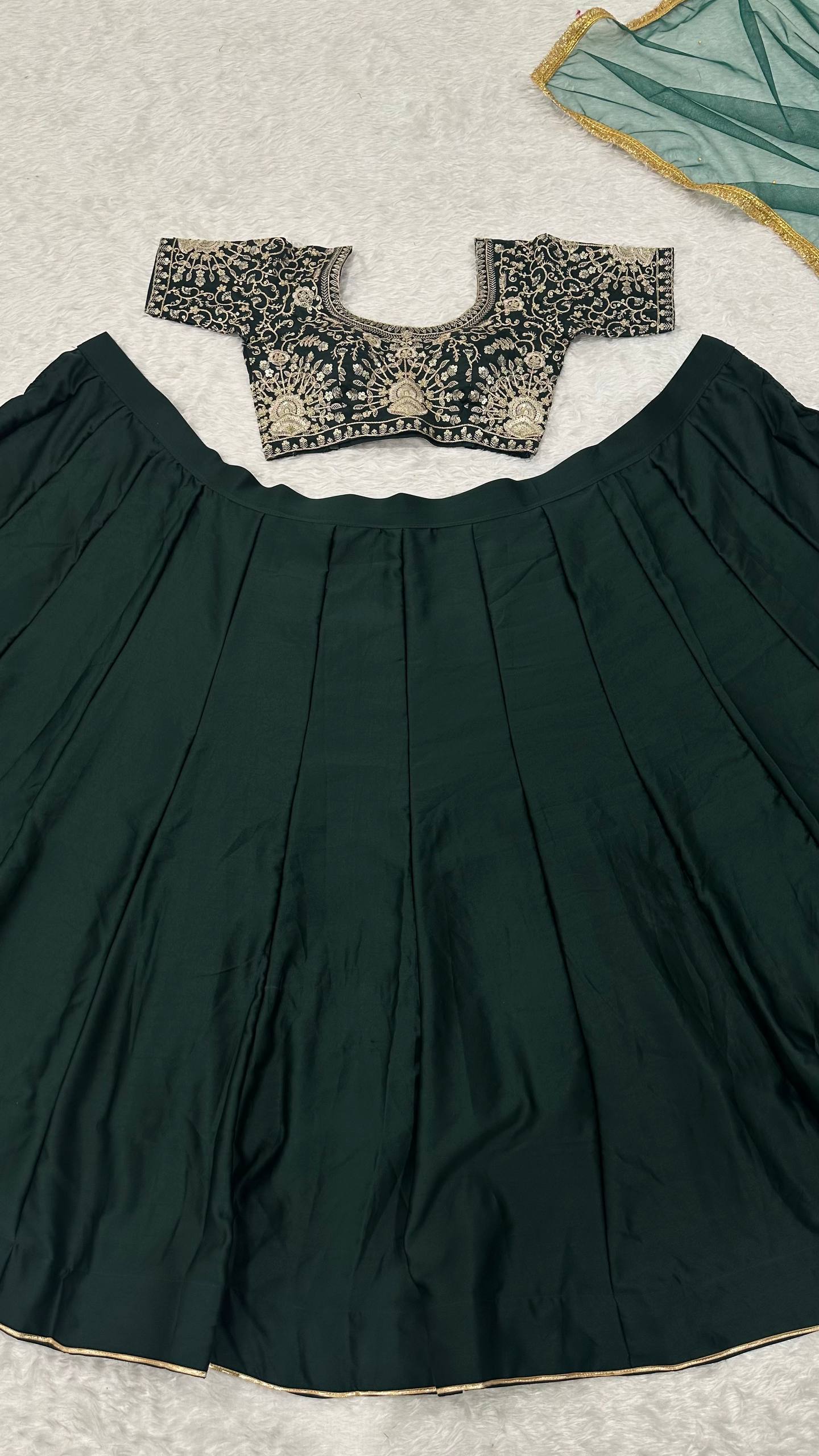 Green Designer Malai Satin Lehenga Choli Set with 4.5 Meter Flair, Sequins Zari Blouse & Net Stone-Work Dupatta – Elegant Wedding & Party Wear Clothsvilla