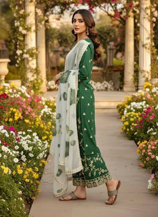 Green Designer Pure Fendi Silk Heavy Embroidered Kurta Palazzo Set with 5 mm Sequins, Rivet Moti Work & Digital Printed Tabby Silk Dupatta ClothsVilla.com