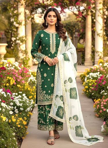 Green Designer Pure Fendi Silk Heavy Embroidered Kurta Palazzo Set with 5 mm Sequins, Rivet Moti Work & Digital Printed Tabby Silk Dupatta ClothsVilla.com Main image