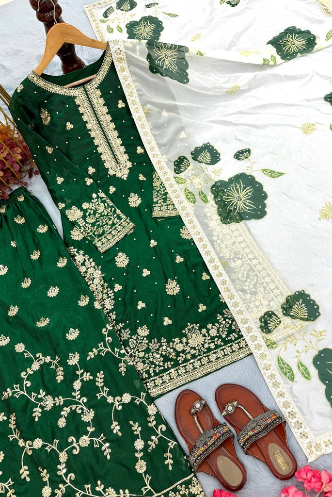 Green Designer Pure Fendi Silk Heavy Embroidered Kurta Palazzo Set with 5 mm Sequins, Rivet Moti Work & Digital Printed Tabby Silk Dupatta ClothsVilla.com