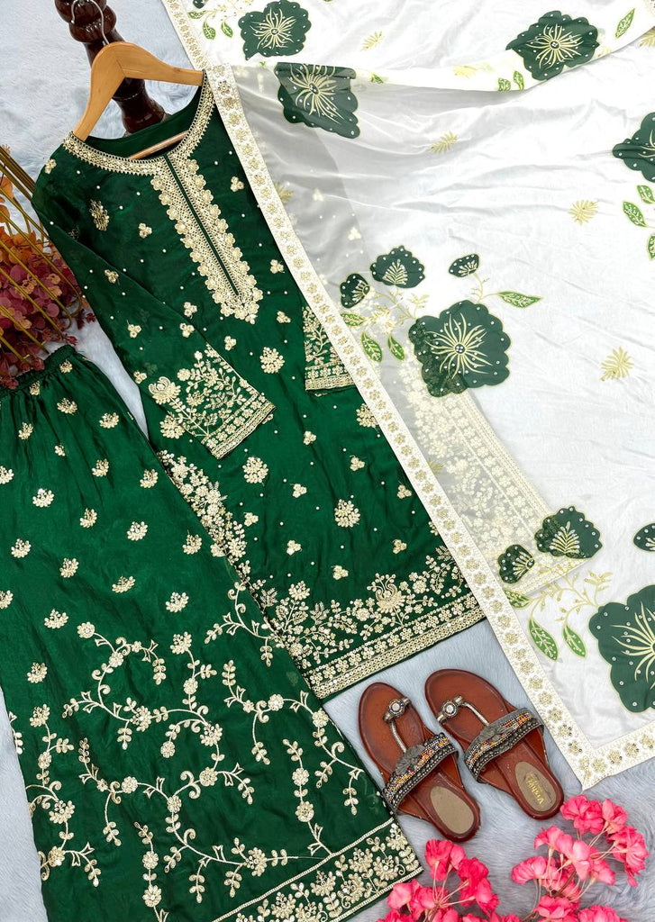 Green Designer Pure Fendi Silk Heavy Embroidered Kurta Palazzo Set with 5 mm Sequins, Rivet Moti Work & Digital Printed Tabby Silk Dupatta ClothsVilla.com