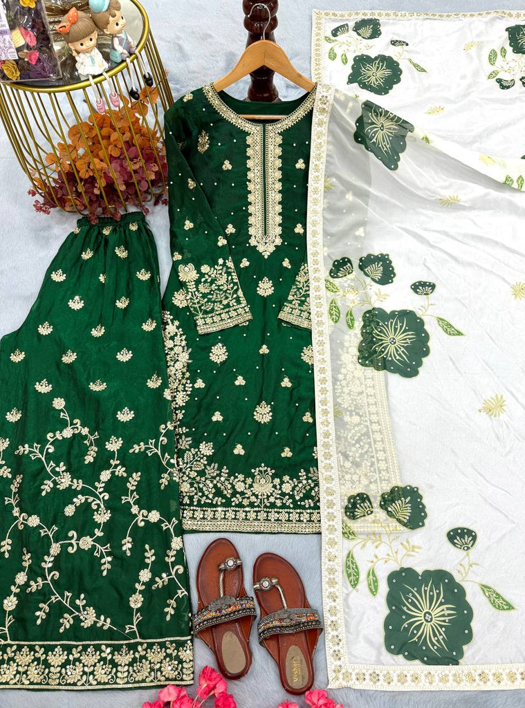 Green Designer Pure Fendi Silk Heavy Embroidered Kurta Palazzo Set with 5 mm Sequins, Rivet Moti Work & Digital Printed Tabby Silk Dupatta ClothsVilla.com