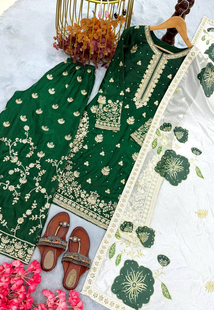 Green Designer Pure Fendi Silk Heavy Embroidered Kurta Palazzo Set with 5 mm Sequins, Rivet Moti Work & Digital Printed Tabby Silk Dupatta ClothsVilla.com