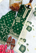 Load image into Gallery viewer, Green Designer Pure Fendi Silk Heavy Embroidered Kurta Palazzo Set with 5 mm Sequins, Rivet Moti Work &amp; Digital Printed Tabby Silk Dupatta ClothsVilla.com