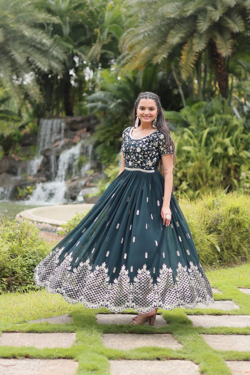 Green Designer Readymade Gown with Zari & Sequins Embroidery Secondary image