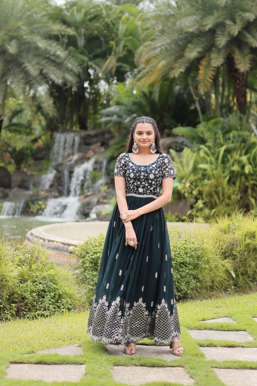 Green Designer Readymade Gown with Zari & Sequins Embroidery ClothsVilla Main image