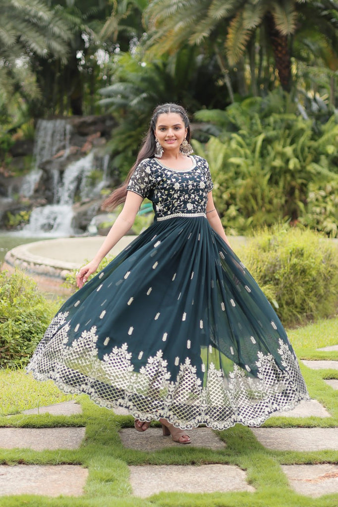 Green Designer Readymade Gown with Zari & Sequins Embroidery ClothsVilla