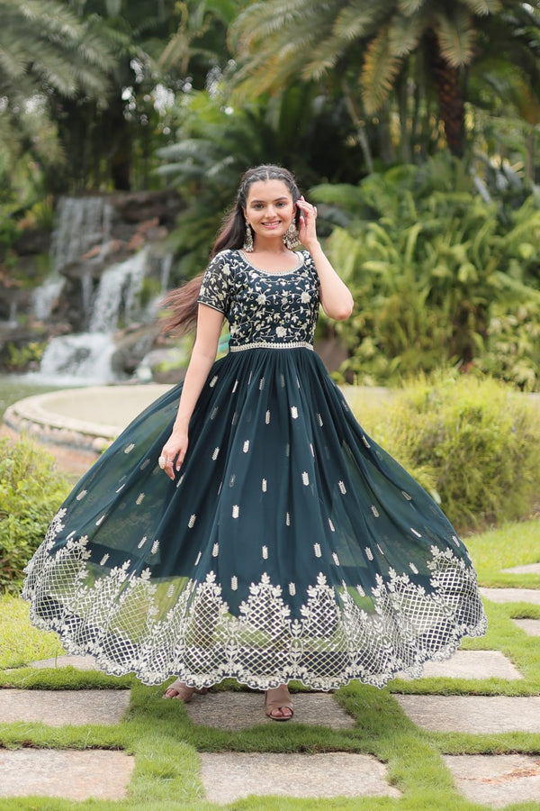 Green Designer Readymade Gown with Zari & Sequins Embroidery ClothsVilla