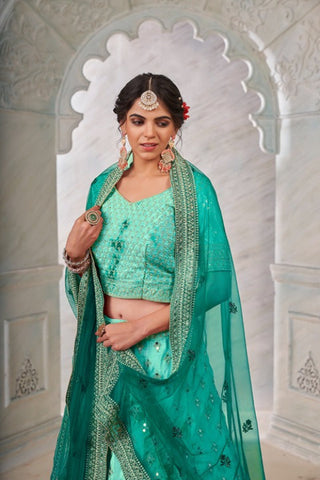 Emerald Green Designer Shibori Crepe Lehenga Choli Set ClothsVilla
