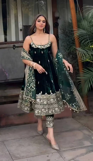 Green Designer Vichitra Silk Kali Cut Embroidered Kurta Pant Set with Sequins, Thread & Zari Work and Faux Georgette Dupatta – Fully Stitched Festive Wear ClothsVilla