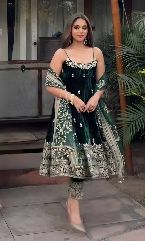 Green Designer Vichitra Silk Kali Cut Embroidered Kurta Pant Set with Sequins, Thread & Zari Work and Faux Georgette Dupatta – Fully Stitched Festive Wear ClothsVilla Main image