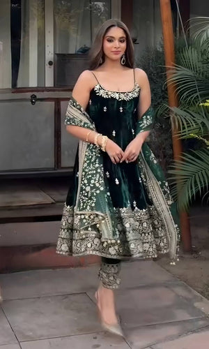 Green Designer Vichitra Silk Kali Cut Embroidered Kurta Pant Set with Sequins, Thread & Zari Work and Faux Georgette Dupatta – Fully Stitched Festive Wear ClothsVilla