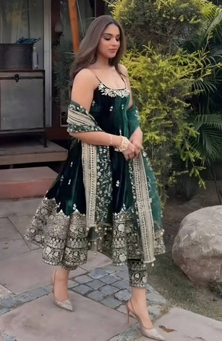 Green Designer Vichitra Silk Kali Cut Embroidered Kurta Pant Set with Sequins, Thread & Zari Work and Faux Georgette Dupatta – Fully Stitched Festive Wear ClothsVilla
