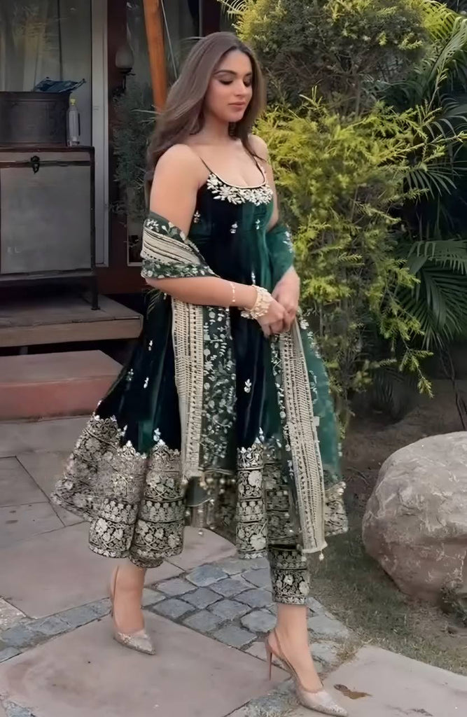 Green Designer Vichitra Silk Kali Cut Embroidered Kurta Pant Set with Sequins, Thread & Zari Work and Faux Georgette Dupatta – Fully Stitched Festive Wear ClothsVilla