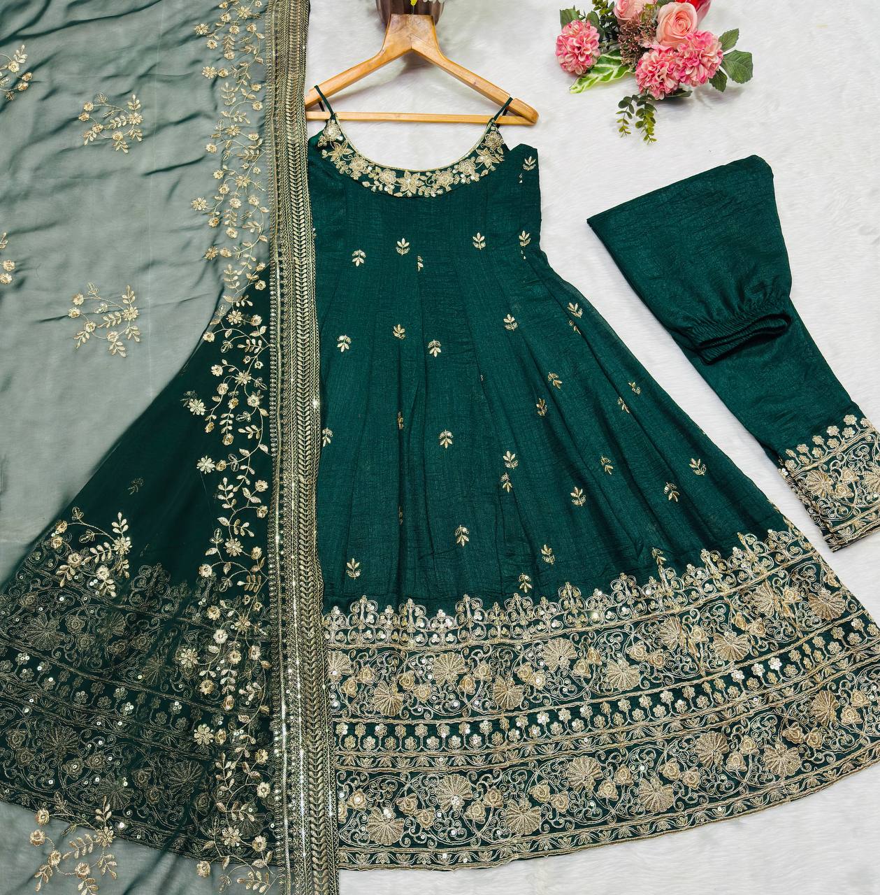 Green Designer Vichitra Silk Kali Cut Embroidered Kurta Pant Set with Sequins, Thread & Zari Work and Faux Georgette Dupatta – Fully Stitched Festive Wear ClothsVilla