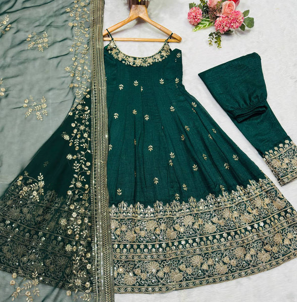 Green Designer Vichitra Silk Kali Cut Embroidered Kurta Pant Set with Sequins, Thread & Zari Work and Faux Georgette Dupatta – Fully Stitched Festive Wear ClothsVilla