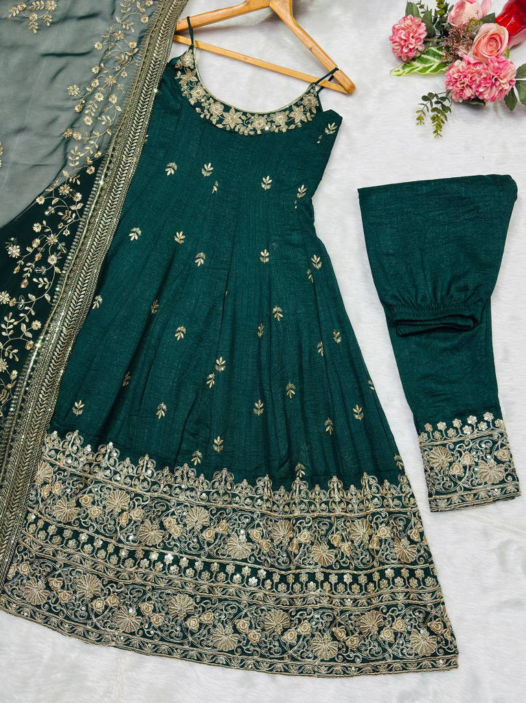 Green Designer Vichitra Silk Kali Cut Embroidered Kurta Pant Set with Sequins, Thread & Zari Work and Faux Georgette Dupatta – Fully Stitched Festive Wear ClothsVilla