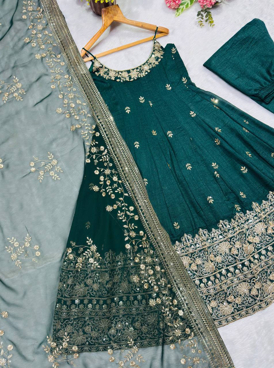 Green Designer Vichitra Silk Kali Cut Embroidered Kurta Pant Set with Sequins, Thread & Zari Work and Faux Georgette Dupatta – Fully Stitched Festive Wear ClothsVilla