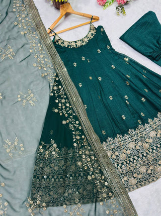 Green Designer Vichitra Silk Kali Cut Embroidered Kurta Pant Set with Sequins, Thread & Zari Work and Faux Georgette Dupatta – Fully Stitched Festive Wear ClothsVilla