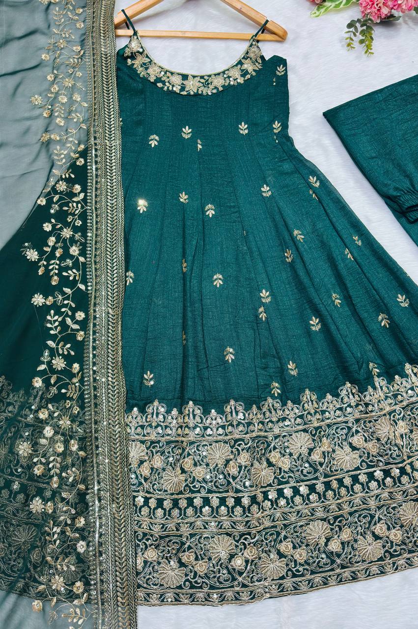 Green Designer Vichitra Silk Kali Cut Embroidered Kurta Pant Set with Sequins, Thread & Zari Work and Faux Georgette Dupatta – Fully Stitched Festive Wear ClothsVilla