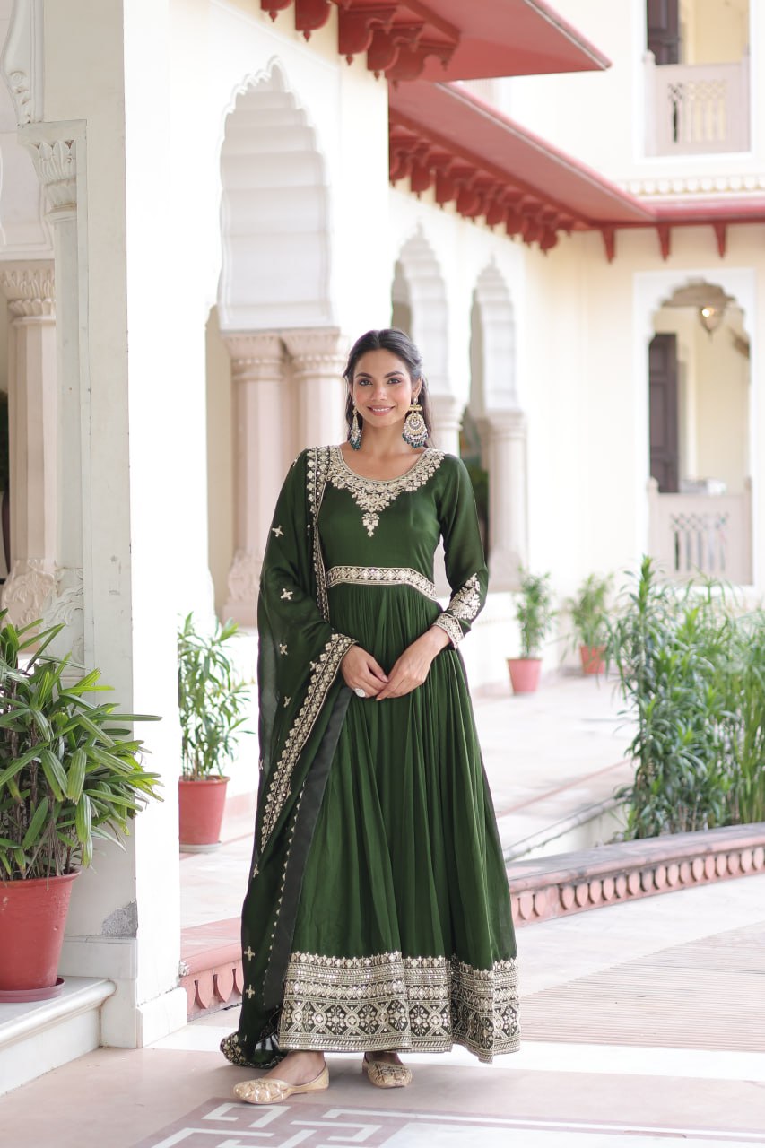 Green Designer Vichitra Silk Sequins Embroidered Gown with 3-Meter Flair & Matching Dupatta – Fully Stitched Festive & Wedding Wear ClothsVilla Main image