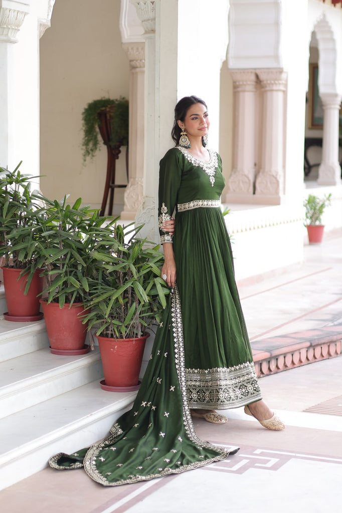 Green Designer Vichitra Silk Sequins Embroidered Gown with 3-Meter Flair & Matching Dupatta – Fully Stitched Festive & Wedding Wear ClothsVilla