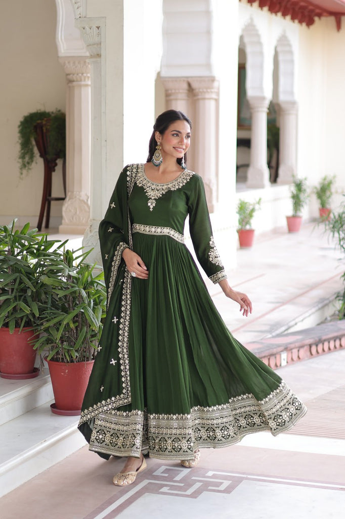 Green Designer Vichitra Silk Sequins Embroidered Gown with 3-Meter Flair & Matching Dupatta – Fully Stitched Festive & Wedding Wear ClothsVilla